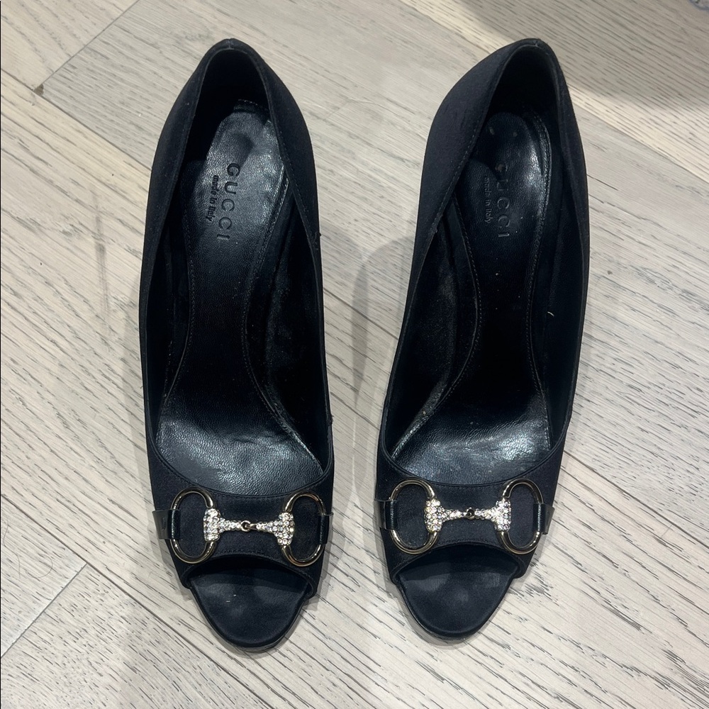 Gucci Black Peep-Toe Heels with Gold Accents